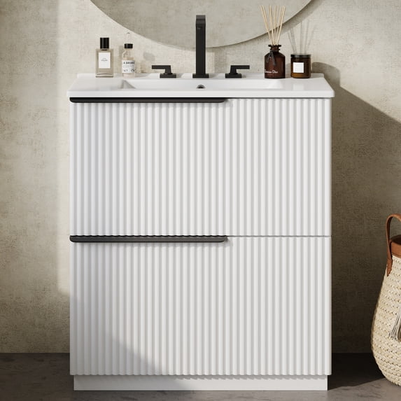 30" Bathroom Vanity with Ceramic Sink and 2 Full-Extension Drawers, Fluted Design Freestanding Bathroom Vanity with Soft Close Drawer Slides, White