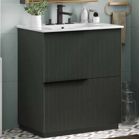 30" Bathroom Vanity with Ceramic Sink and Full-Extension Drawers, Soft Close Undermount Drawer Slides, Fluted Design, Green