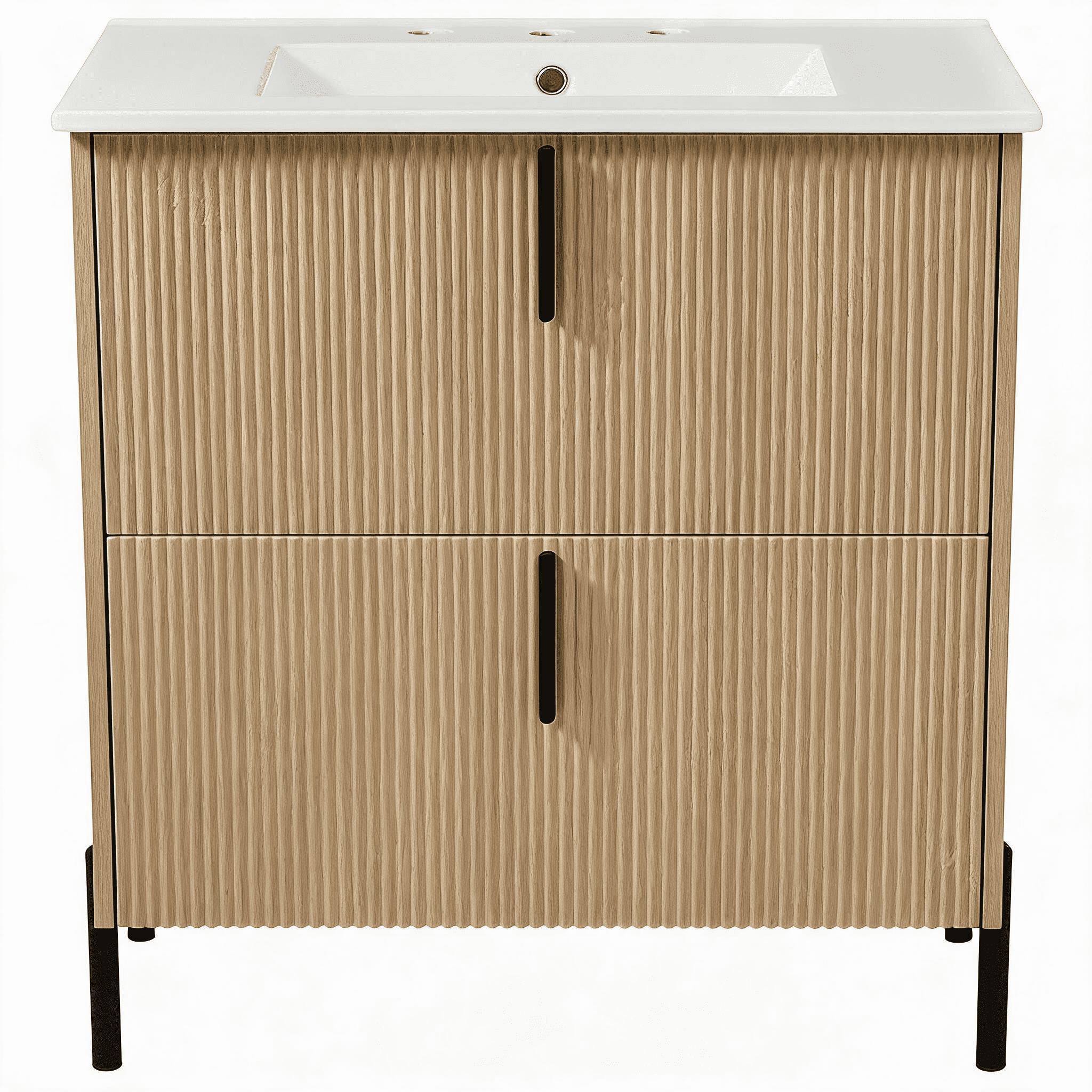 30" Bathroom Vanity with Ceramic Sink and Full-Extension Drawers, Soft Close Undermount Drawer Slides, Fluted Design, Natural