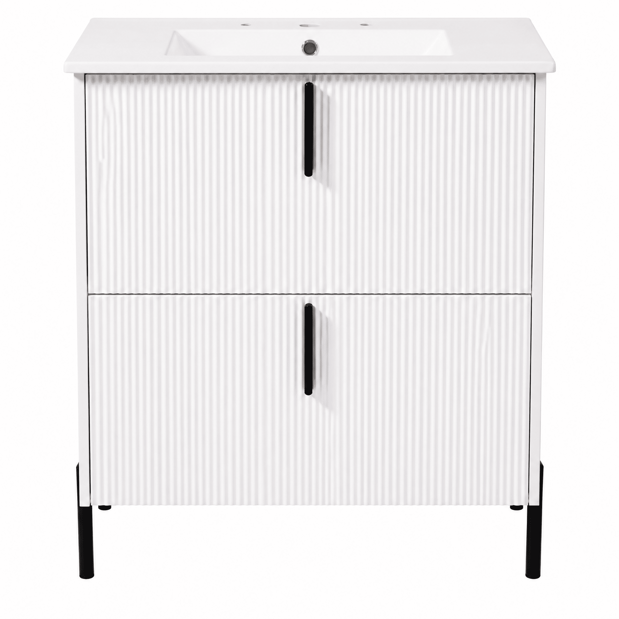 30" Bathroom Vanity with Ceramic Sink and Full-Extension Drawers, Soft Close Undermount Drawer Slides, Fluted Design, White