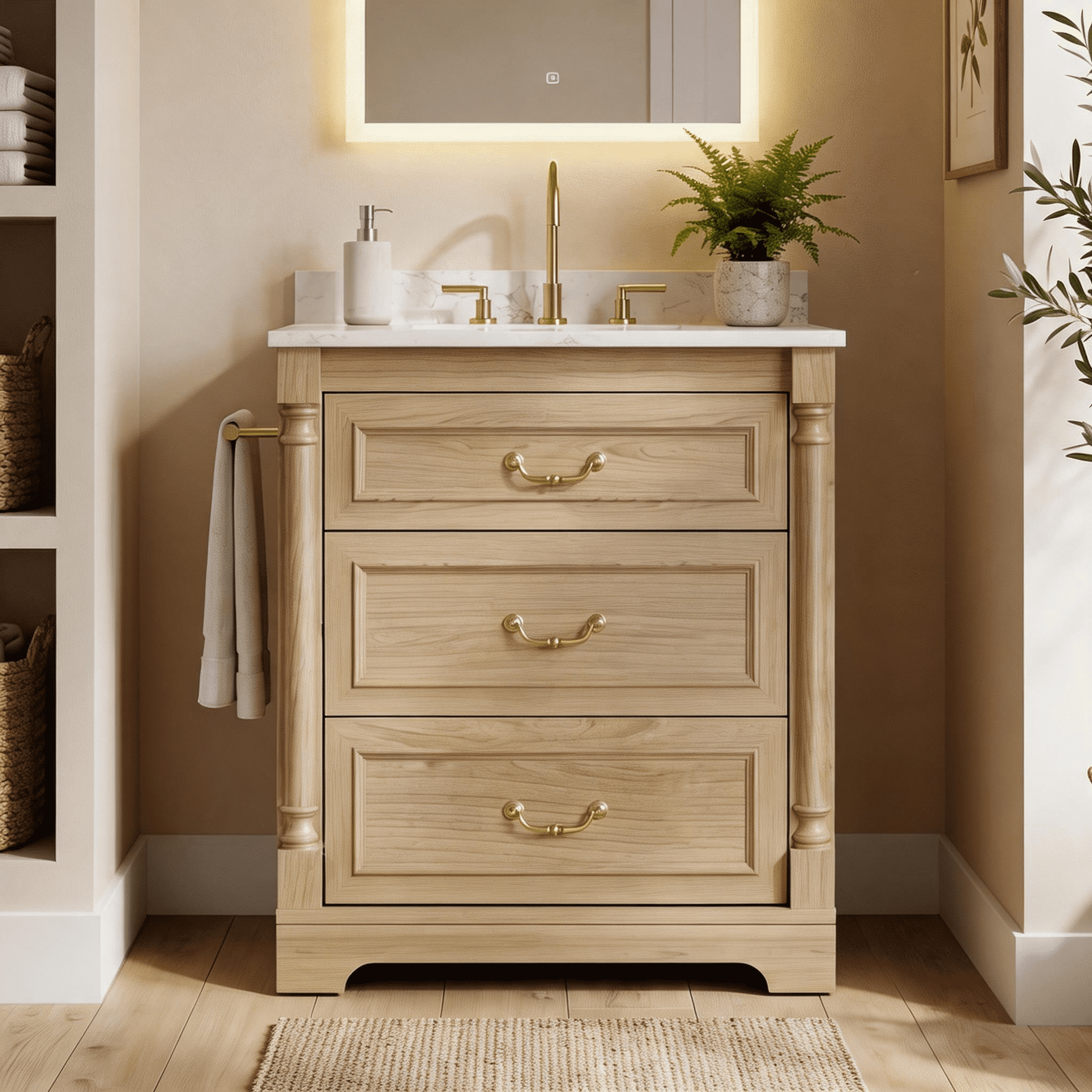 Homall 30" Bathroom Vanity with Countertop Ceramic Sink, 3 Drawers & Side Toilet Paper Holder, Beige