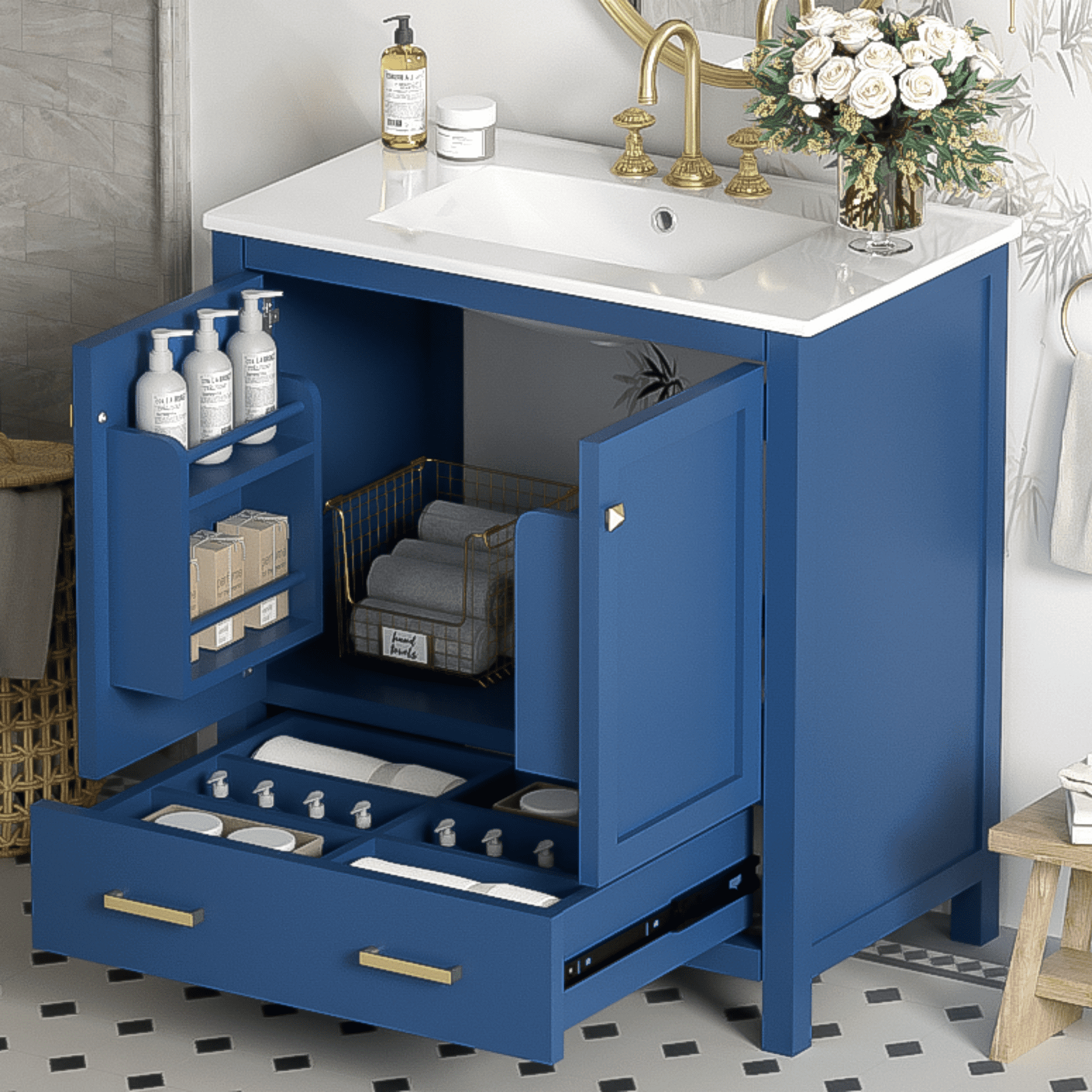 30" Bathroom Vanity with Single Sink,Combination Under Counter Sink,Bathroom Storage Cabinet with 2 Doors and a Drawer,Multifunctional Storage,Blue