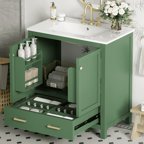 30" Bathroom Vanity with Single Sink,Combination Under Counter Sink,Bathroom Storage Cabinet with 2 Doors and a Drawer,Multifunctional Storage,Green