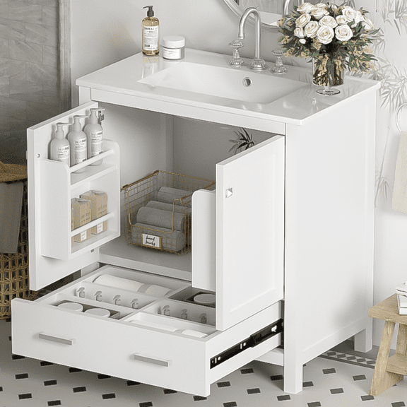 30" Bathroom Vanity with Single Sink,Combination Under Counter Sink,Bathroom Storage Cabinet with 2 Doors and a Drawer,Multifunctional Storage,White