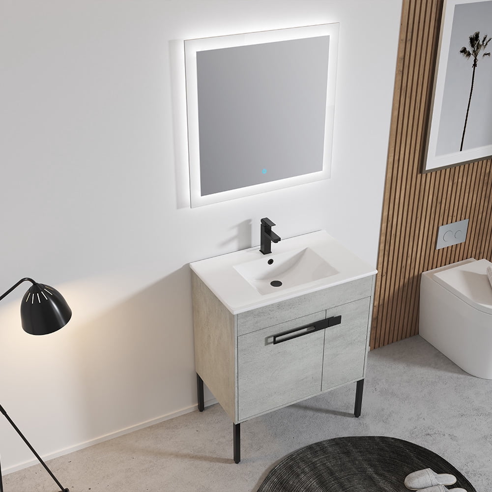 30" Bathroom Vanity with Sink Combo Bathroom Vanity Ceramic Single Basin Set with Doors Adjustable Shelves for Bathroom, Gray 30"