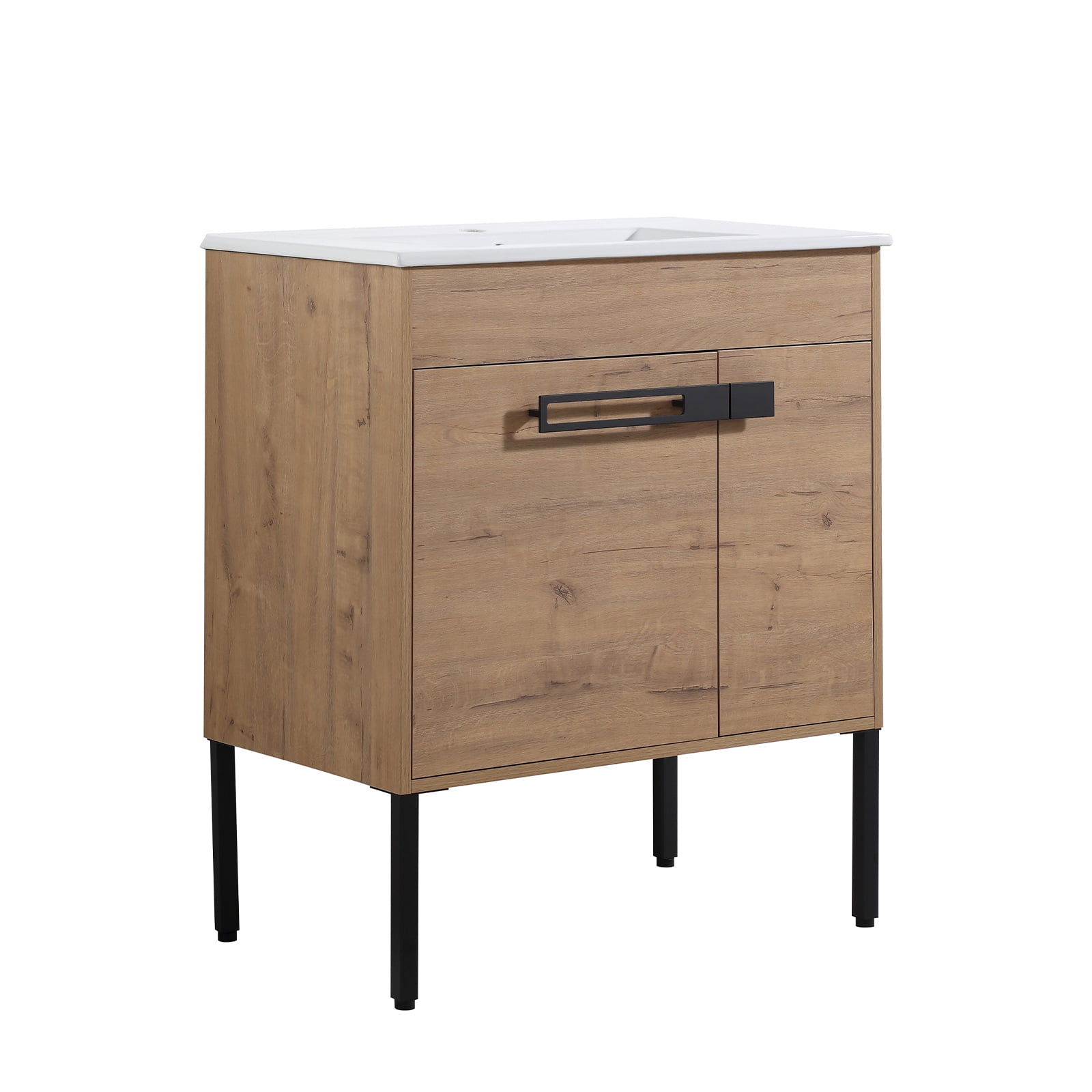 30" Bathroom Vanity with Sink Combo Bathroom Vanity Ceramic Single Basin Set with Doors Adjustable Shelves for Bathroom, Oak 30"
