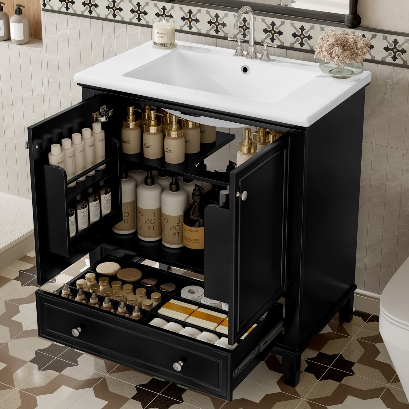 30" Bathroom Vanity with Sink Combo, Solid Wood Bathroom Storage Cabinet with 1 Drawer and 2 Soft Closing Door Shelves, Black
