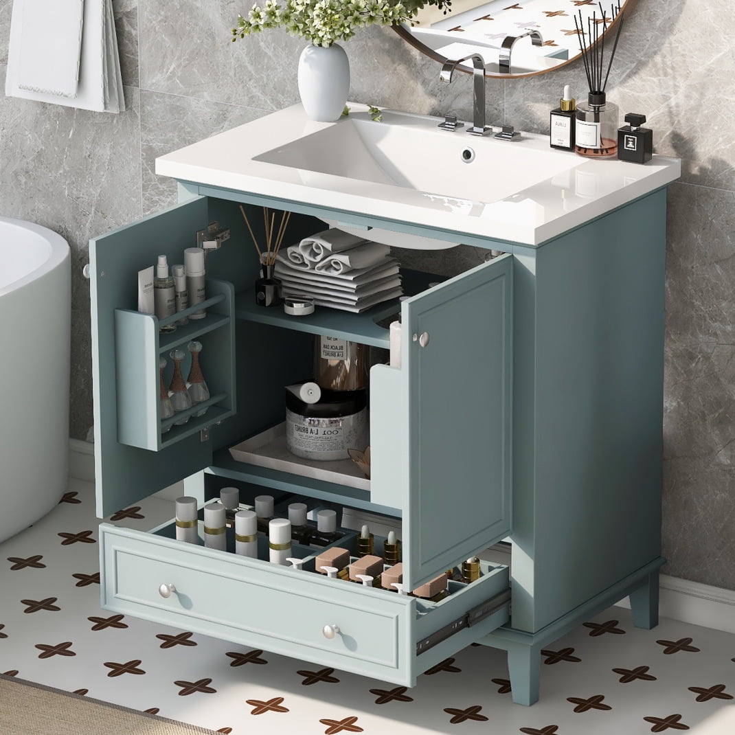 30" Bathroom Vanity with Sink Combo, Solid Wood Bathroom Storage Cabinet with 1 Drawer and 2 Soft Closing Door Shelves, Green