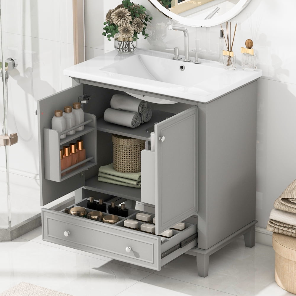 30" Bathroom Vanity with Sink Combo, Solid Wood Bathroom Storage Cabinet with 1 Drawer and 2 Soft Closing Door Shelves, Grey