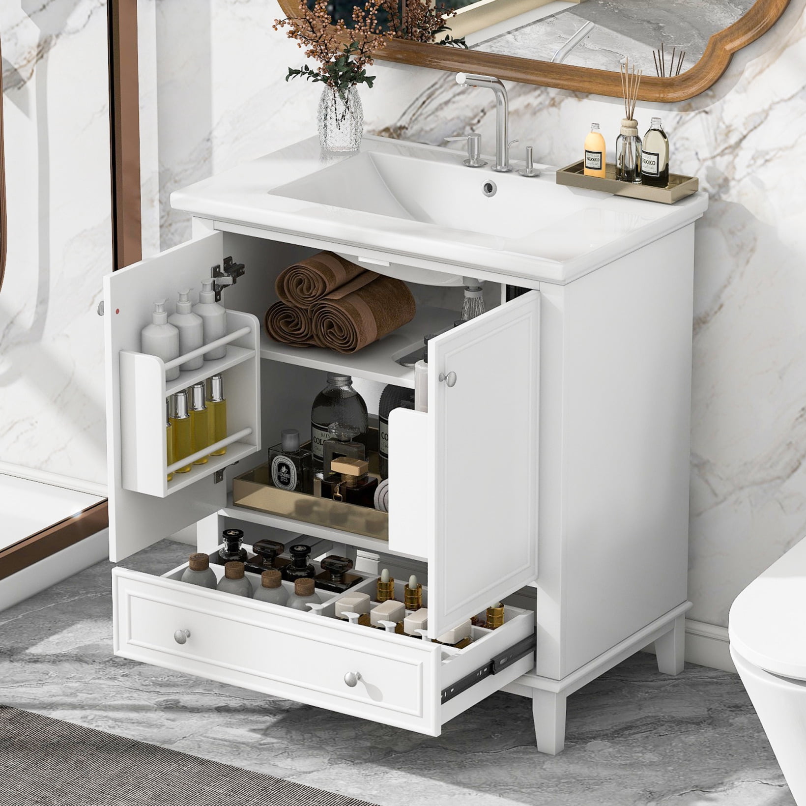 30" Bathroom Vanity with Sink Combo, Solid Wood Bathroom Storage Cabinet with 1 Drawer and 2 Soft Closing Door Shelves, White