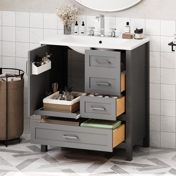 30" Bathroom Vanity with Sink | Easy Assembly, Soft Close Function | Ceramic Basin and Solid Wood Frame | Ensures Smooth Bathroom Use