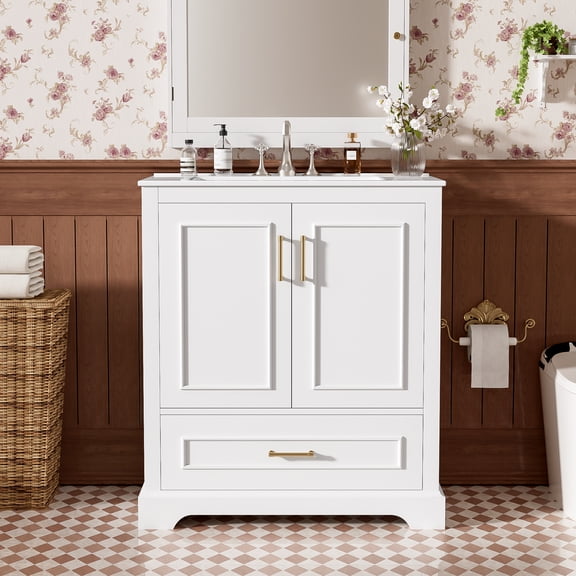 30" Bathroom Vanity with Sink, MDF and Solid Wood Frame, 1 Divider Drawer and 2 Soft-close Doors (Double Shelf on Door), Freestanding Vanity