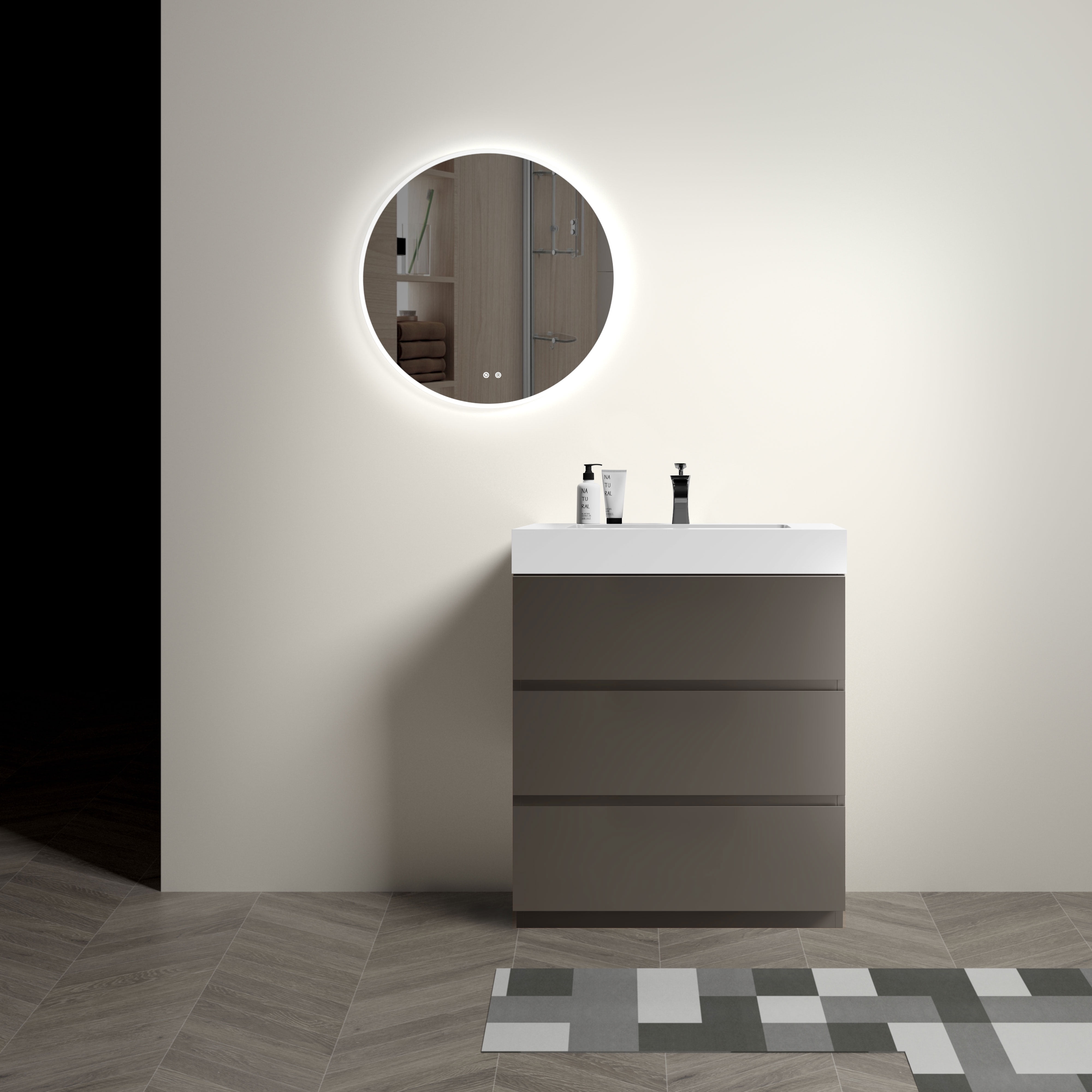 30" Bathroom Vanity with Sink, One-Piece White Sink Basin, Large ...
