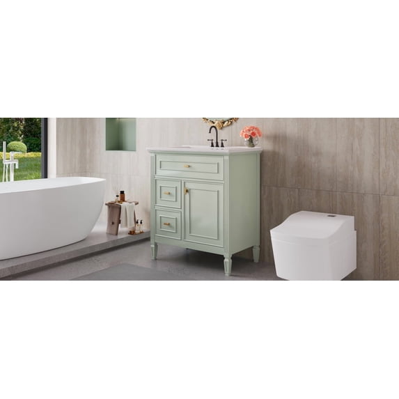 30" Bathroom Vanity with Sink Solid Wood & MDF Cabinet Flip-Up Drawer 2 Drawers Adjustable Shelf Waterproof Storage Green
