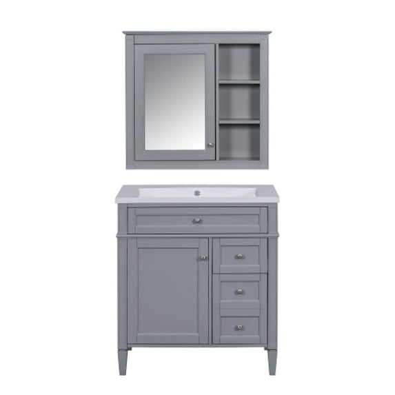30'' Bathroom Vanity with Top Sink, 2 Drawers and a Tip-out Drawer & Mirror Cabinet - Grey
