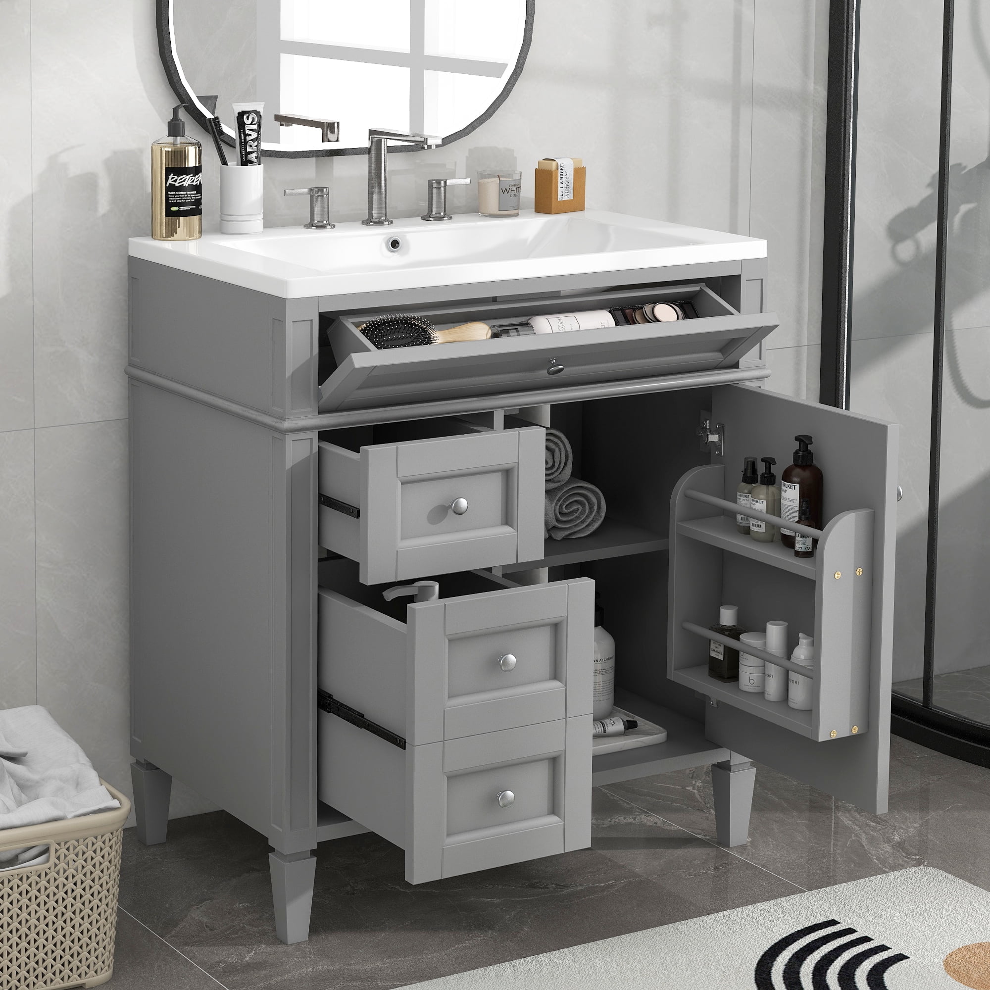 30'' Bathroom Vanity with Top Sink, Modern Bathroom Storage Cabinet,Single Sink Bathroom VanityGrey