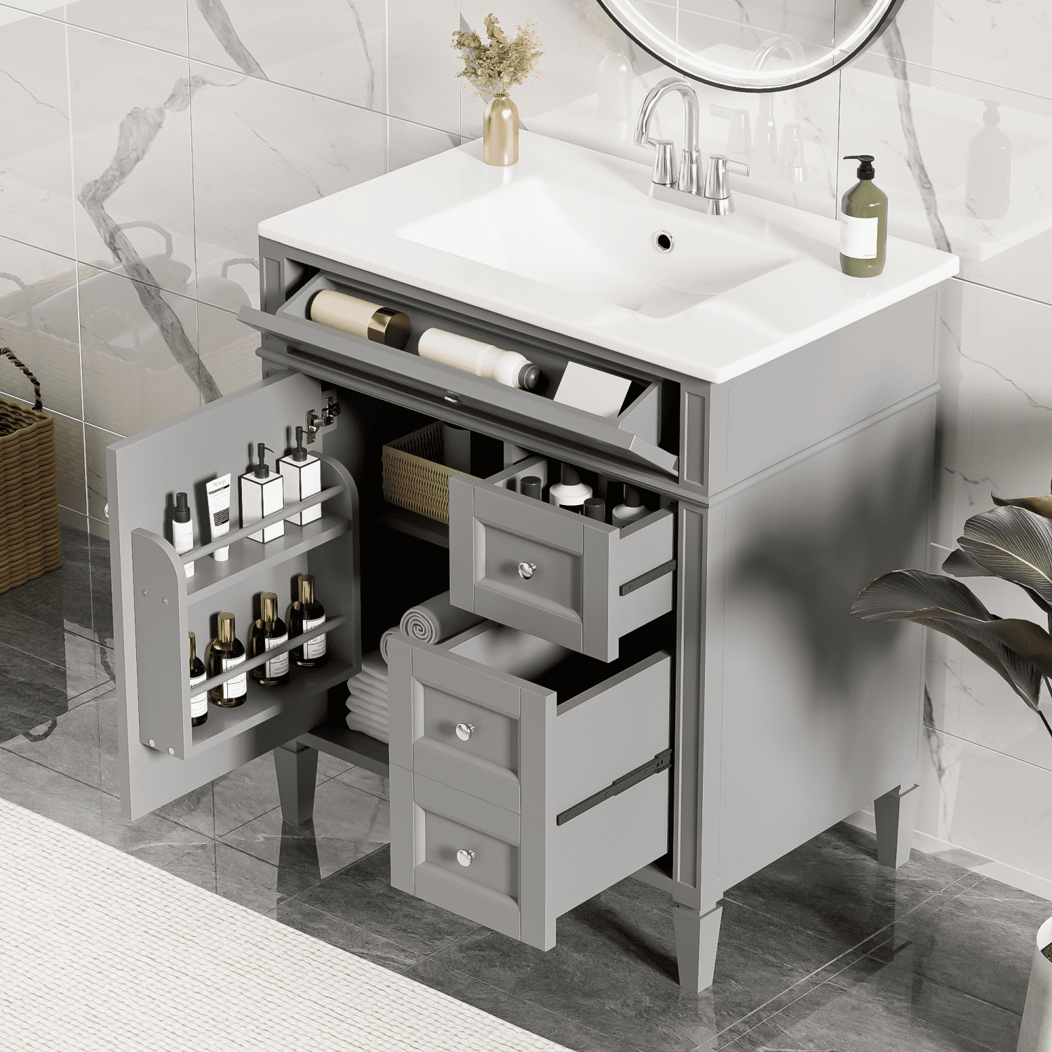 30" Bathroom Vanity with Top Sink, Modern Bathroom Storage Cabinet with 2 Drawers and a Tip-out Drawer, Single Sink Bathroom Vanity
