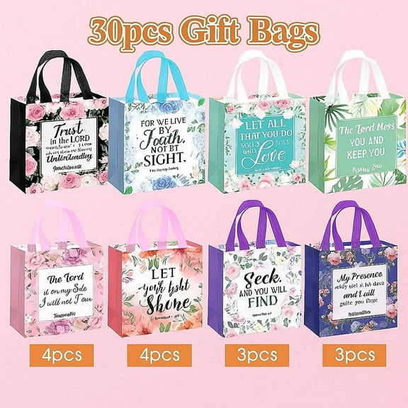30 Bible scripture flower gift bags with handles, religious reusable gift bags, bulk Christian baptism tote bags, women's non-woven gift bags, wedding and birthday gift packaging bags