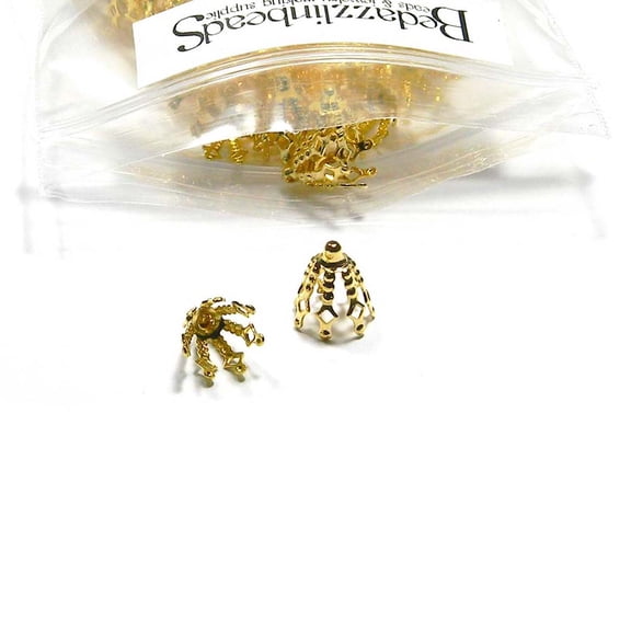 30 Big Bell Bead Caps with Loop Ring & Flexible 7 Long Legs for Making Wrap Charm Pendants (Gold Plated)