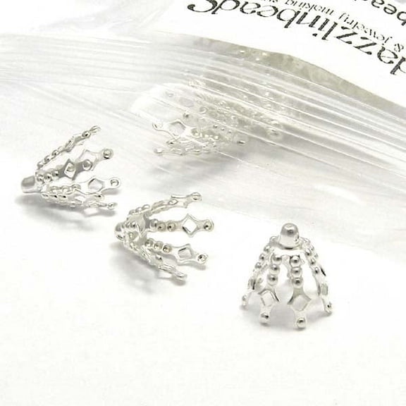 30 Big Bell Bead Caps with Loop Ring & Flexible 7 Long Legs for Making Wrap Charm Pendants (Silver Plated)