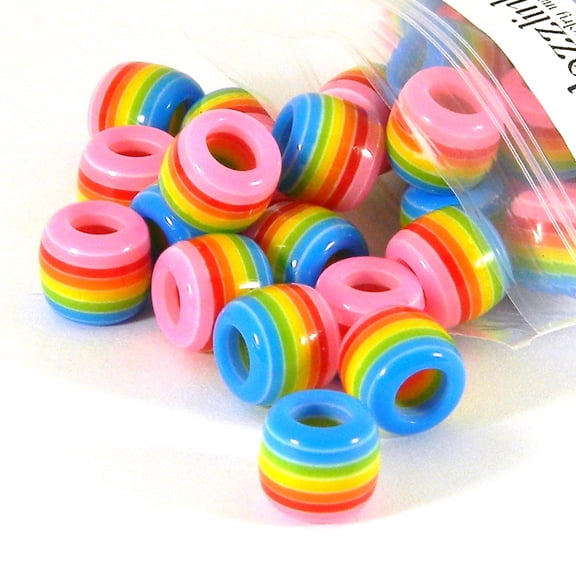 30 Big Resin 12mm x 10mm Striped Barrel Plastic Acrylic Loose Craft Beads with Stripes Large 6mm Hole for Macrame, Jewelry & Crafts (Pastel Rainbow)