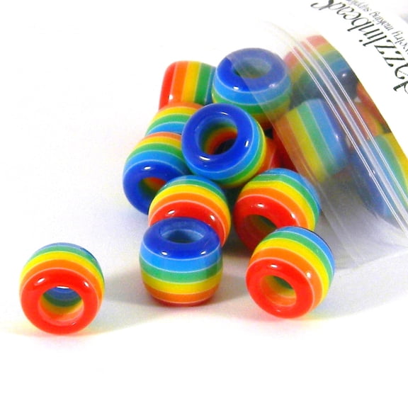30 Big Resin 12mm x 10mm Striped Barrel Plastic Acrylic Loose Craft Beads with Stripes Large 6mm Hole for Macrame, Jewelry & Crafts (Rainbow)