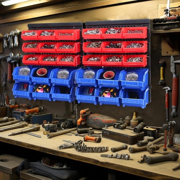 30-Bin Wall Mount Parts Rack for Nuts, Bolts, Screws, Nails, Beads, Buttons - Blue and Red