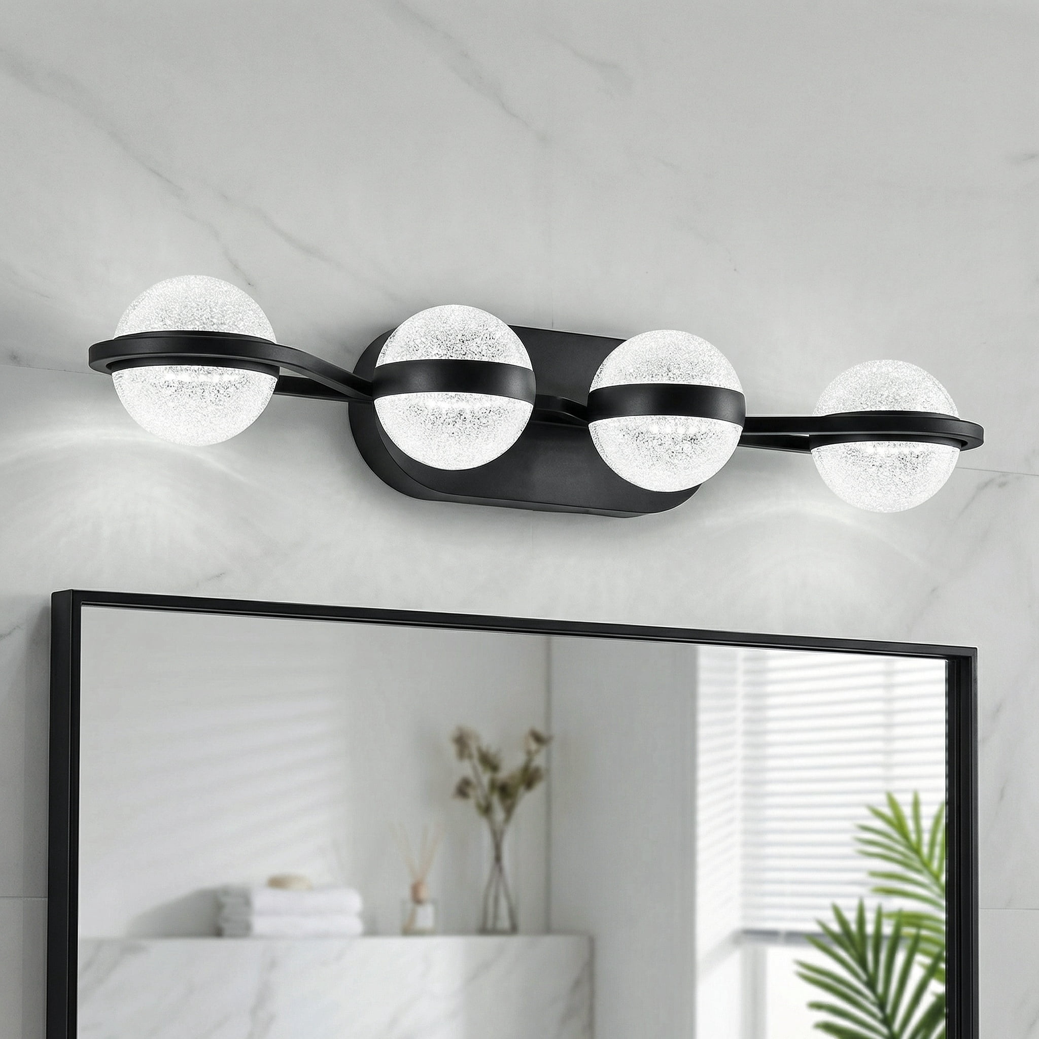 30" Black Minimalist LED Bathroom Vanity Light, 4-Light Wall Mounted Fixture with Crystal Sand Acrylic Shades, Modern Decorative Lighting for Mirror, Sink, and Vanity Area
