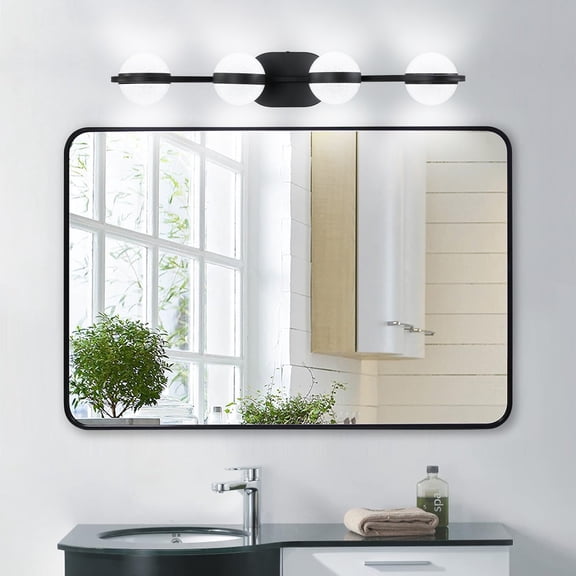 30" Black Minimalist LED Bathroom Vanity Light with Crystal Sand Acrylic Shades  4-Light Wall Mounted Decorative Lighting Fixture for Bathroom, Mirror Cabinets, and More
