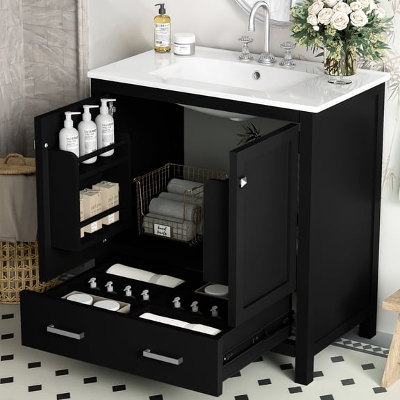 30" Black Single Sink Bathroom Storage | Divided Drawer for Organizing Bathroom Items | Solid Wood Core with Water - resistant Paint | Quiet Closing of Cabinet Doors