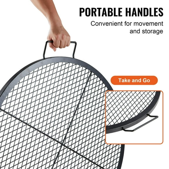 30" Black Steel Fire Pit Grill Grate with X-Brace Support, Detachable Handle for Easy Transport, Camping BBQ Grill Grid for Outdoor Cooking, Picnics, Events