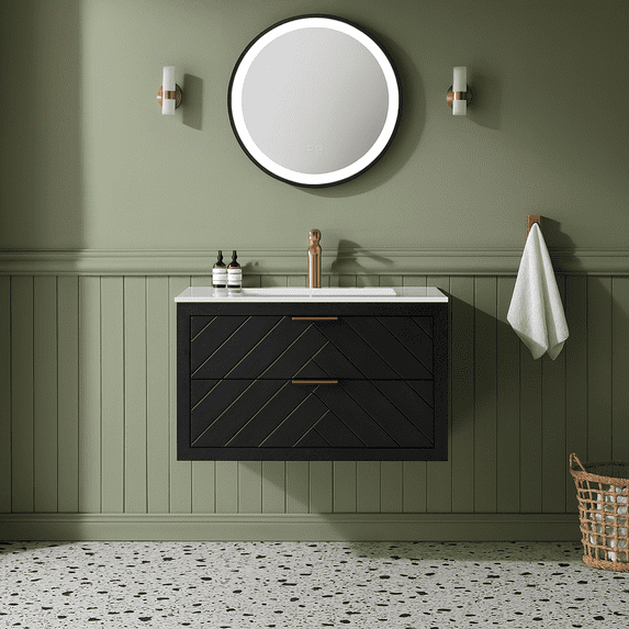 30" Black Wall Mounted & Floating Single Vanity with Ceramic Sink