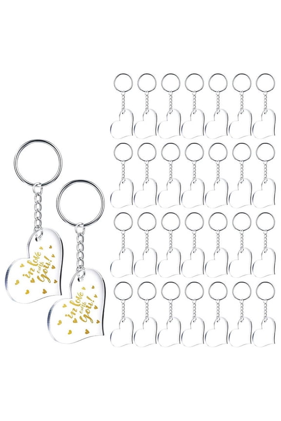30 Blanks Clear Acrylic Blanks Heart Shape Plain Acrylic and 30 Pieces Key Chain Metal Key Rings for DIY Projects Crafts