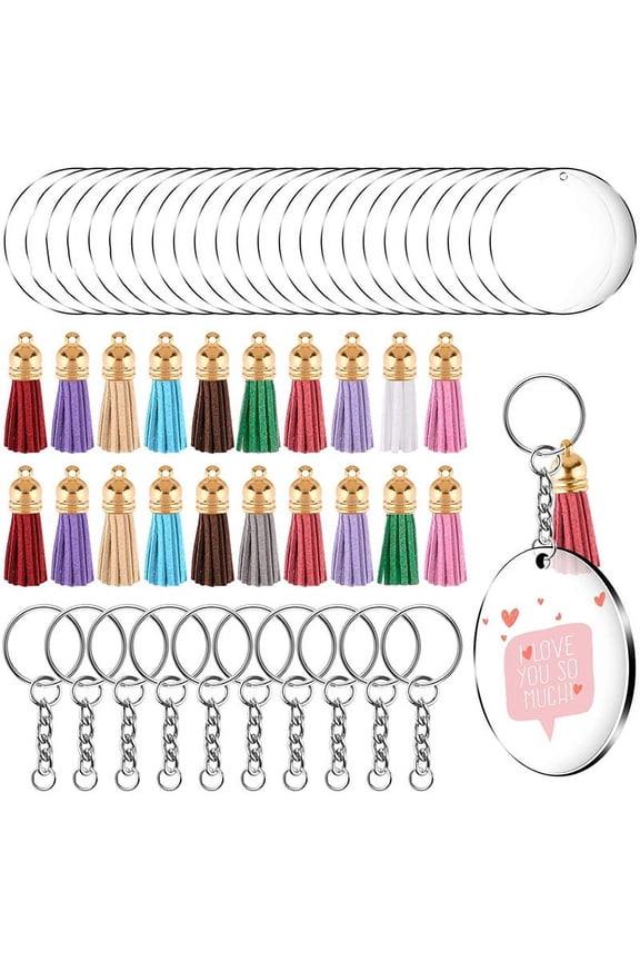 30 Blanks Clear Acrylic Heart Shape Plain and Pieces Key Chain Metal Rings for DIY Projects Crafts