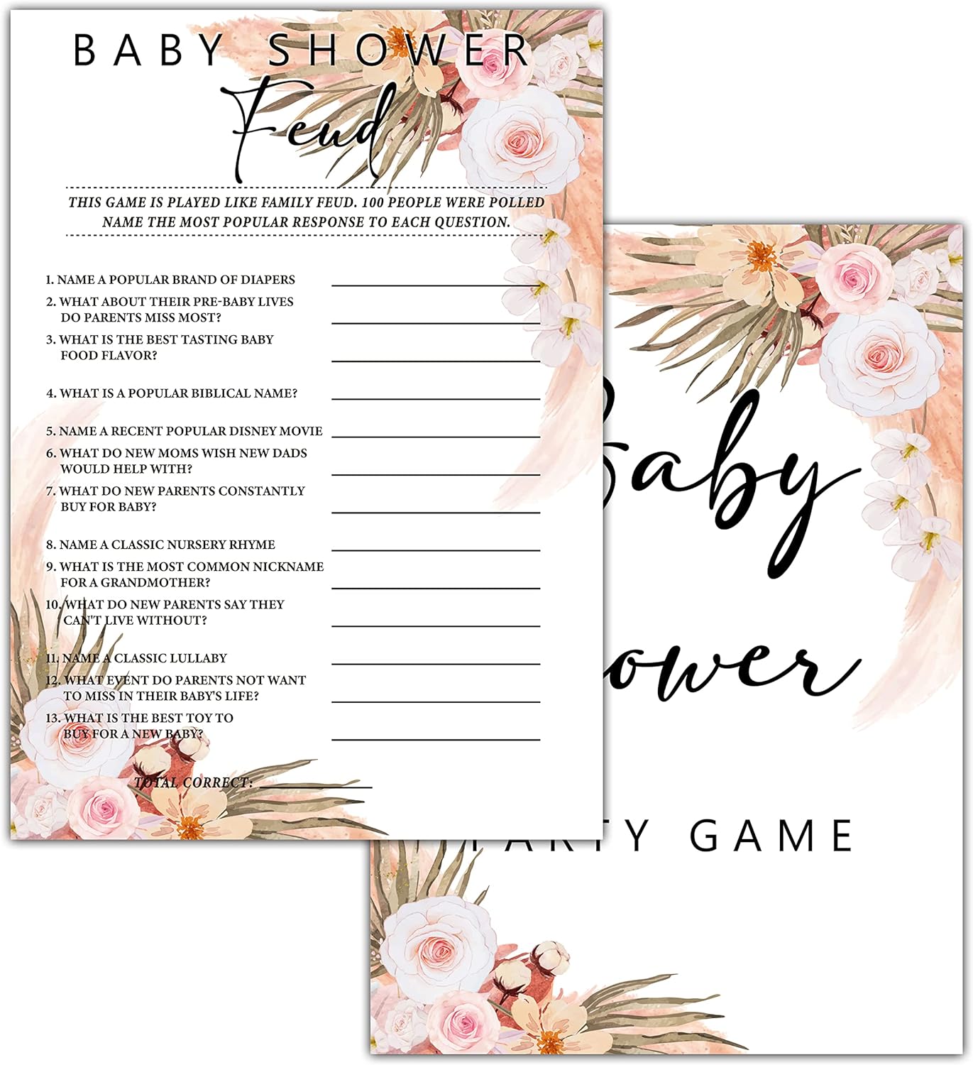30 Boho Floral Baby Shower Games with Answer Card Gender Neutral