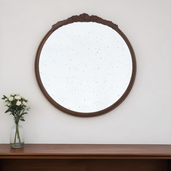 30" Brown Crowned Top Antiqued Glass Framed Accent Mirror