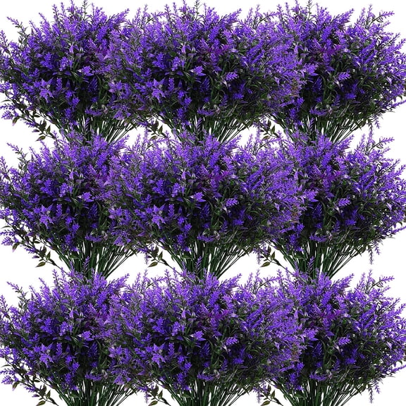 30 Bundles Artificial Lavender Flowers Outdoor UV Resistant Plastic Artificial Plants Fake Shrubs Flowers Greenery Bushes for Outside Indoor Garden Home Porch Box Decor Purple