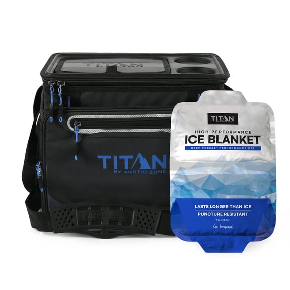 Titan by Arctic Zone 30 Can, 20 Qt Collapsible Iceless Cooler with Tabletop Lid and Ice Blanket, Carbon Cobalt