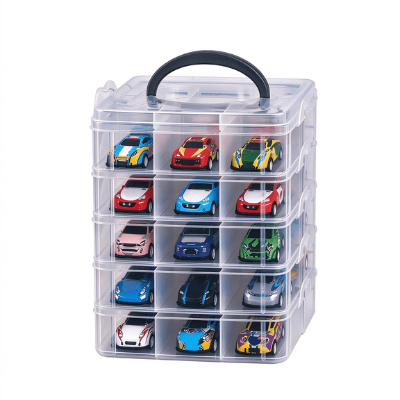 30 Car 5 Tier Toy Car Storage Case, Clear Plastic Stackable Organizer with Carry Handle for Hot Wheels Matchbox 1:64 Diecast Cars