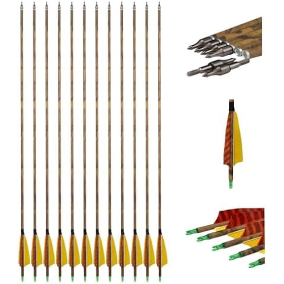 30 Carbon Arrows Hunting Arrows with 4 Turkey Feather, Removable Tips, Archery Target Practice Arrows Spine 500 for Compound & Recurve & Long Bow(Pack of 12)
