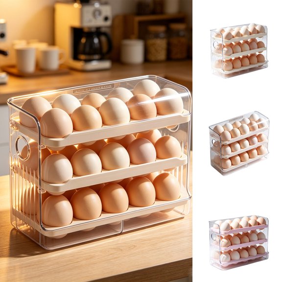 30-Cell Rolling Egg Dispenser, Durable Refrigerator Storage Case, Transparent Countertop Keeper for Pantry Organization, Food Freshness Extension & Daily Cooking Prep, Beige