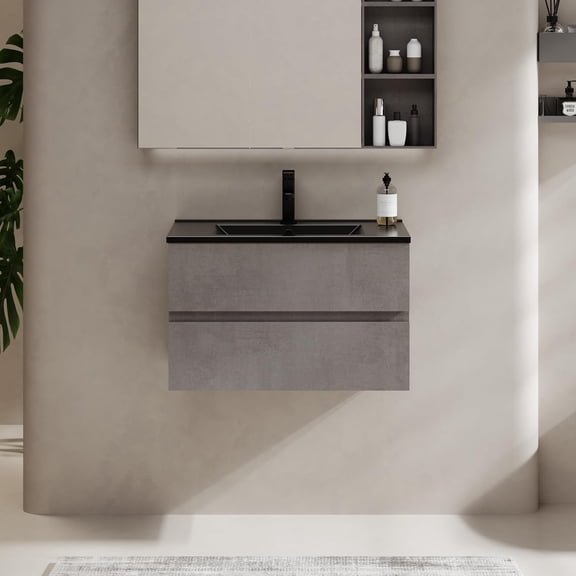 30" Cement Grey Wall Mounted Bathroom Vanity with Black Sink, 2 Drawers, Faucet Included