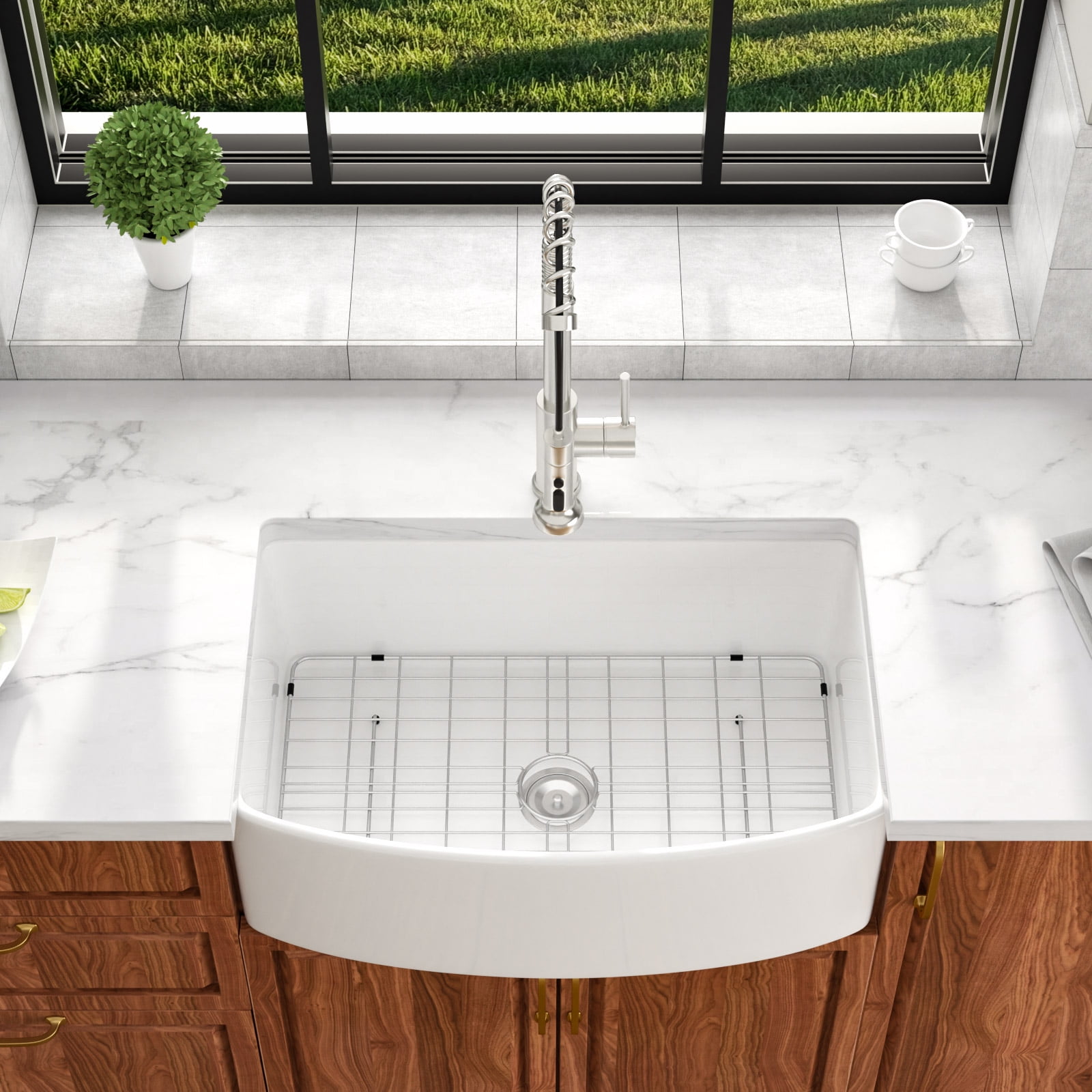 30" Ceramic Farmhouse Kitchen Sink Single Bowl with Bottom Grid and Drain Assembly