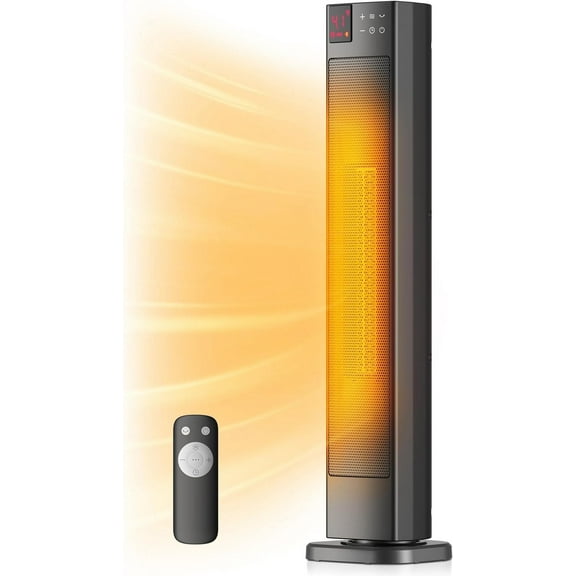 30 Ceramic Tower Space Heater with Adjustable rmostat for Large Room, 75 Oscillation, Remote Control & 12H Timer, Tip-Over Overheating Protection, 1500W, PHF15RSAPH30, Black