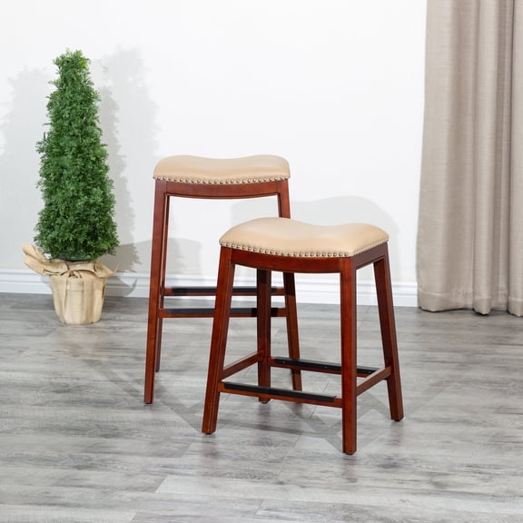 30" Cherry Finish Bar Stool with Bone Leather Seat - Solid Wood Frame, Nailhead Trim, Kitchen Island & Home Bar Seating