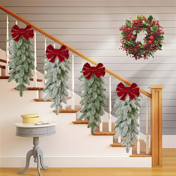 30" Christmas Teardrop Swag, Faux Pine Cones Rustic Christmas Artificial Greenery Swag, Velvet Bow Artificial Christmas Wreath for Home Decor Christmas Decorations Clearance