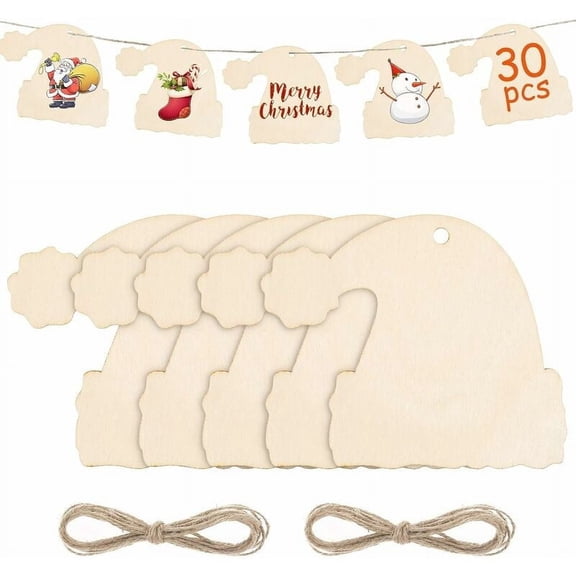 30 Christmas wooden poles, DIY wooden poles with cord for Christmas tree decorations (Papa Noel sombreros)