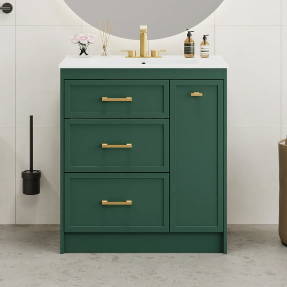 30" Classic Bathroom Vanity Set With Long Gold Handles And 3 Drawers, One of Which is a Double-Layer Drawer, For Bathrooms, Forest Green