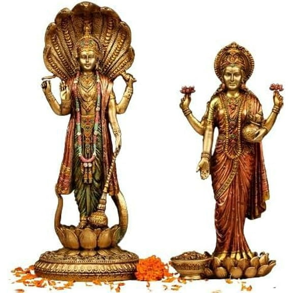30 Cm Lord Vishnu & Laxmi Statue Marble Dust & Copper Finish Hindu Religious Figurine for Pooja Temple Worshiping God & Home Office Decor