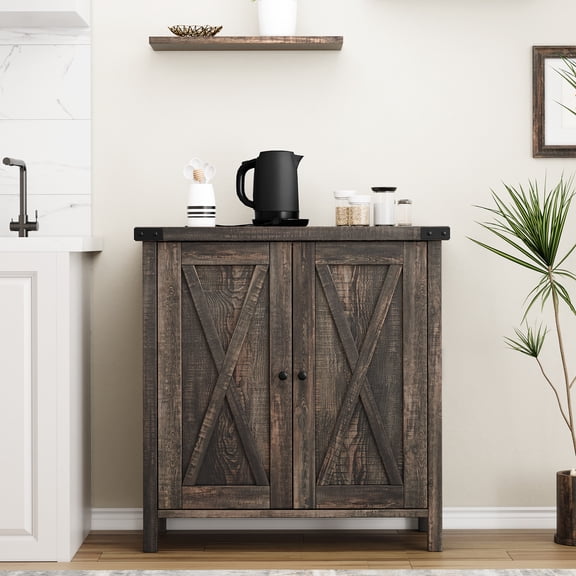 30" Coffee Bar Cabinet with Storage, Farmhouse Buffet Cabinet with Adjustable Shelf, Rustic Wood Grain Finish for Kitchen Dining Room Entryway Storage